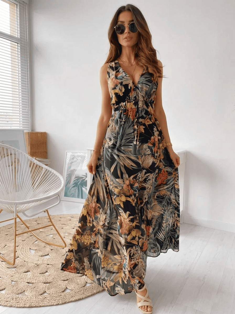 Tropical leaf print Maxi Dress