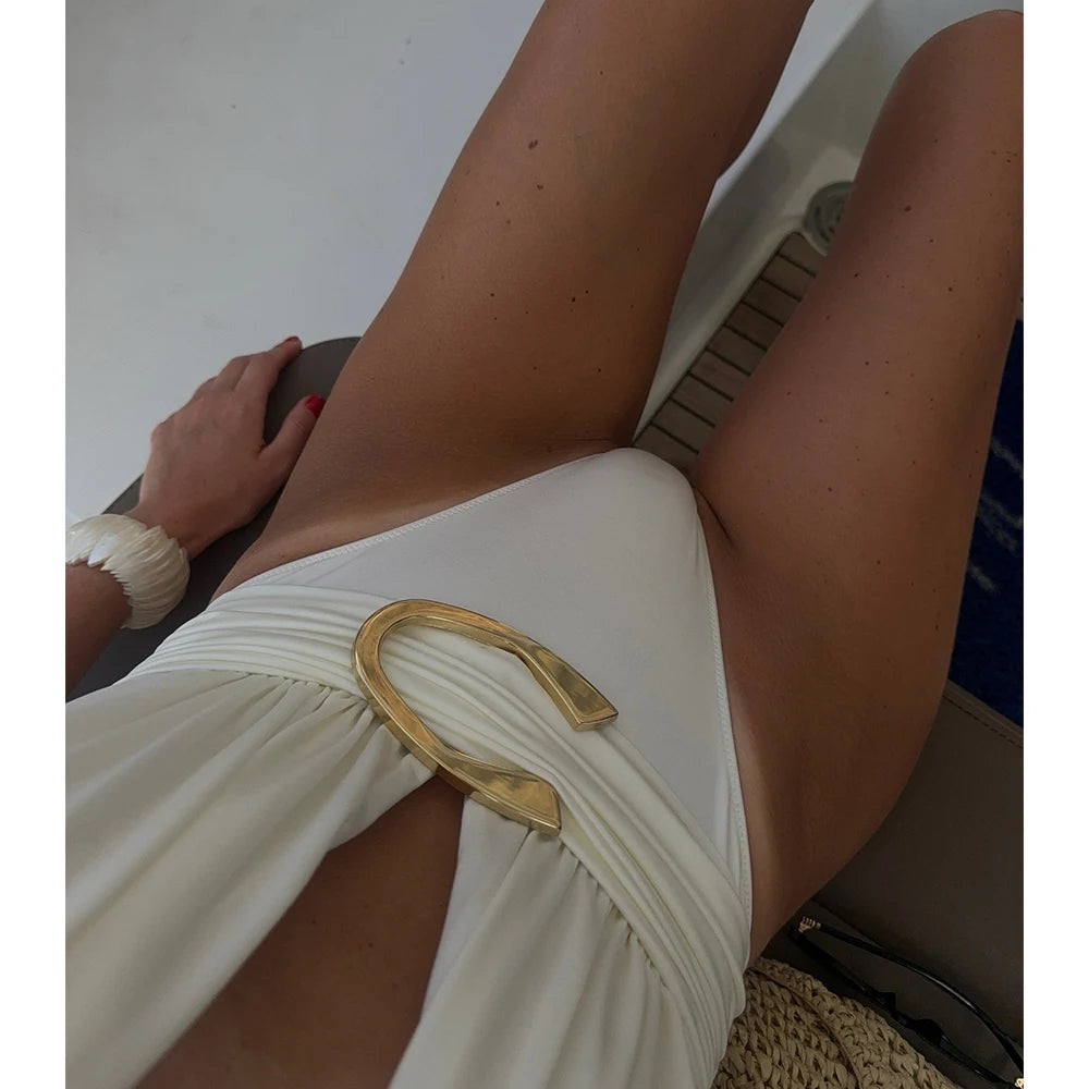 Halter Swimsuit & Draped Wrap Skirt