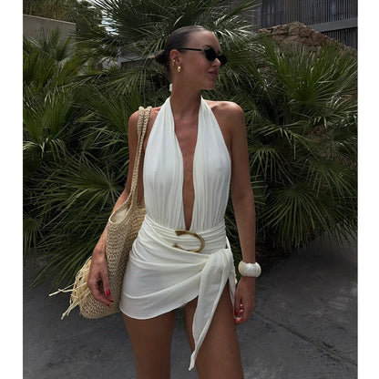 Halter Swimsuit & Draped Wrap Skirt
