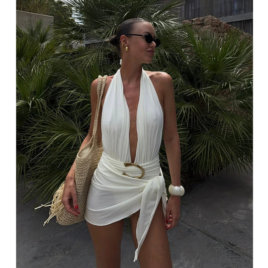 Halter Swimsuit & Draped Wrap Skirt