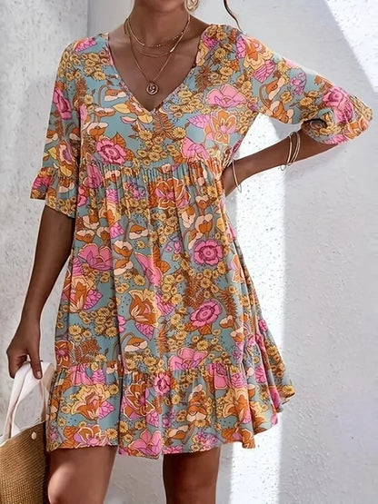Floral Print V-neck Mini Dress