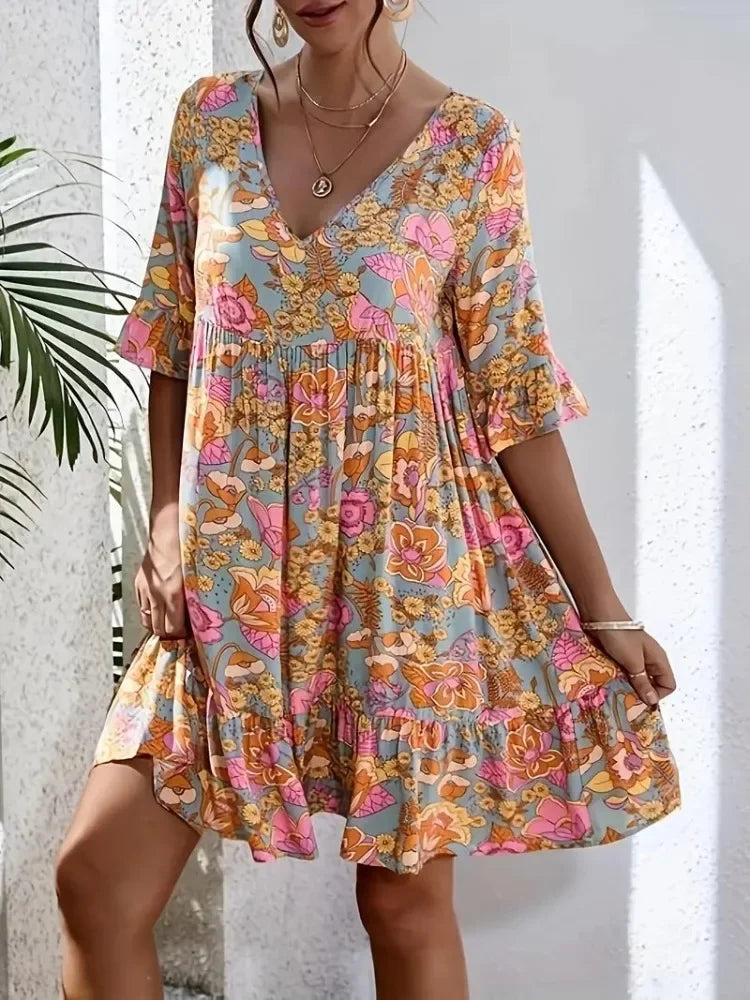 Floral Print V-neck Mini Dress