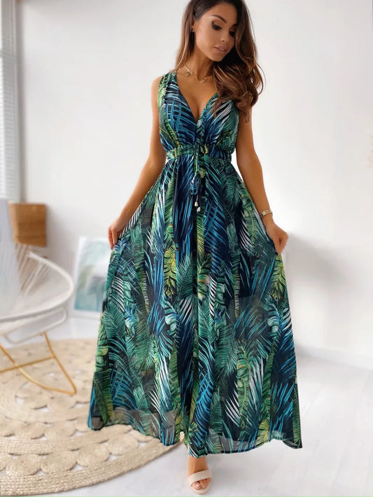 Tropical leaf print Maxi Dress
