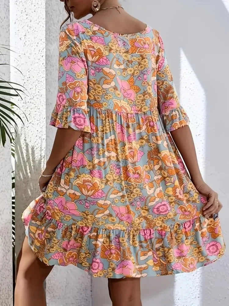 Floral Print V-neck Mini Dress