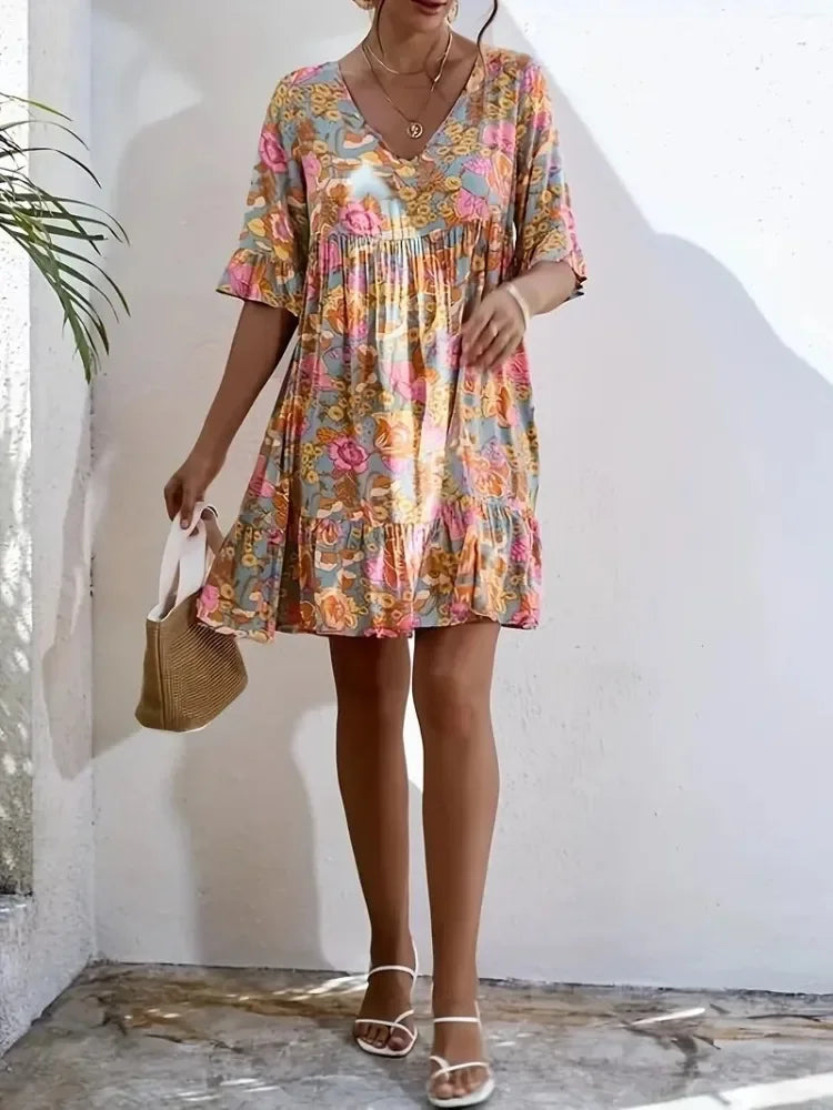Floral Print V-neck Mini Dress