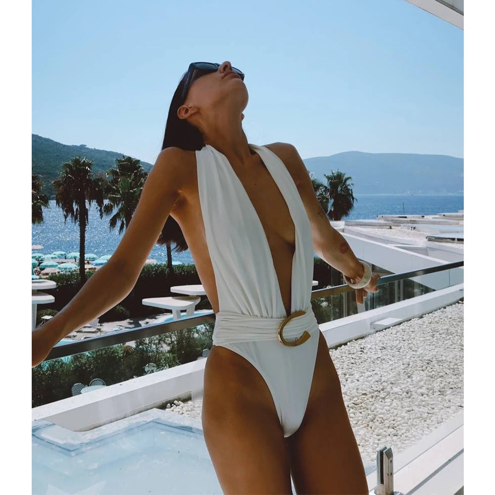 Halter Swimsuit & Draped Wrap Skirt