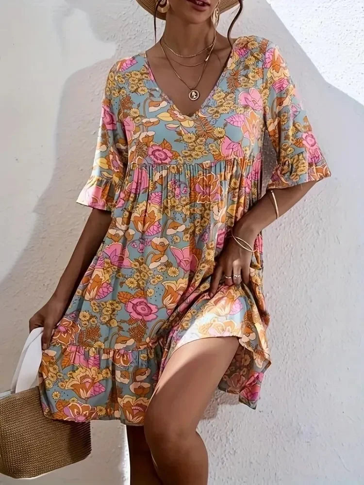Floral Print V-neck Mini Dress